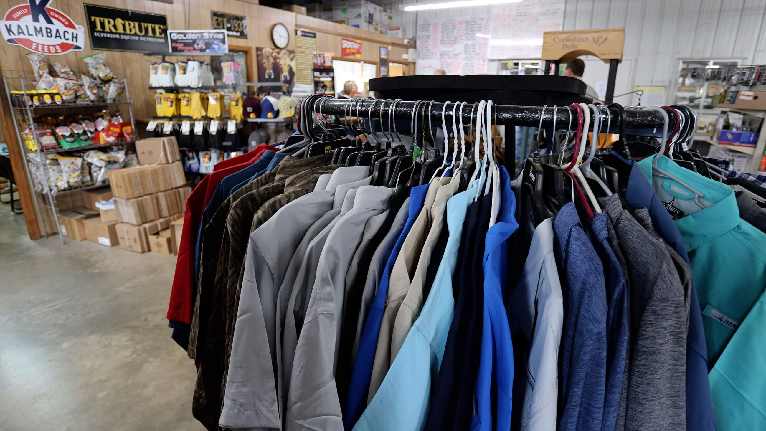 Rack of performance shirts and outerwear in the apparel section